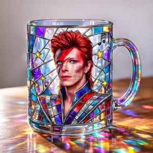 A stained glass style mug displaying a portrait with red hair lightning makeup and bright multicolored patterns!