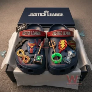 Justice League clogs with superhero charms displayed inside a gift box ready for holiday giving! v