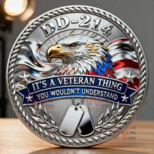 A polished veteran themed commemorative coin featuring an eagle patriotic colors and symbolic dog tags!