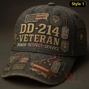 Distressed black baseball cap with DD 214 veteran embroidery honor respect service text patriotic patches and dog tag details.