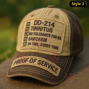 DD 214 Proof of Service Cap hat 3 Two tone distressed baseball cap with a DD 214 checklist patch on the front and a Proof Of Service embroidered patch on the brim.