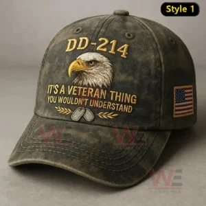 Dark green veteran themed cap with eagle embroidery DD two one four text dog tags and American flag patch!