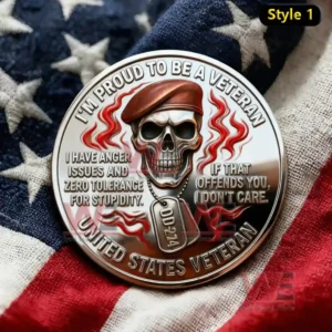 Veteran commemorative coin with skull beret design dog tags and patriotic details displayed on an American flag fabric!
