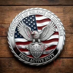 Silver veteran challenge coin showing an eagle over the American flag with dd 214 emblem and certificate of release or discharge from active duty wording!