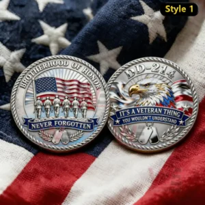 Pair of veteran commemorative coins on a US flag cloth background featuring never forgotten brotherhood of honor and its a veteran thing dd 214 designs!