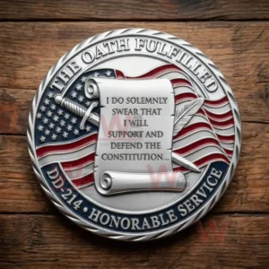 Veteran commemorative coin displaying the oath scroll over the American flag with the oath fulfilled and dd 214 honorable service text!