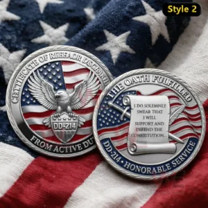 Two dd 214 veteran coins on US flag cloth featuring eagle from active duty design and oath fulfilled honorable service design!
