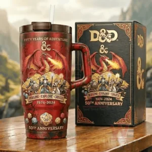A red fantasy themed D and D fiftieth anniversary tumbler with dragon and adventurers artwork next to a matching black collector box on a wooden table!