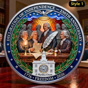 Commemorative independence coin showing historic leaders writing a founding document with symbols of liberty unity and national pride!