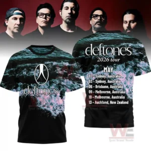 A shirt featuring an ocean wave print with the band name on the front and May tour dates listed on the back!