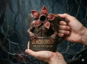 Demogorgon Collector Edition Mug 3 A collectible monster mug with a sculpted creature body and flower head design being held by hands in a dark forest environment!
