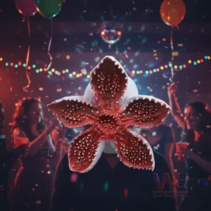 Red flower monster mask worn by a person at a lively party with bright lights and crowd in background!
