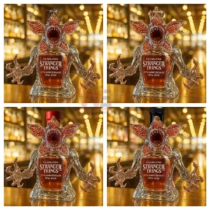 Four creature shaped anniversary bottles each with a different cap style shown on a bar counter!