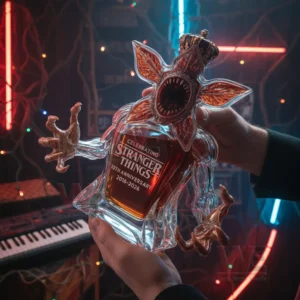 Hands holding a horror themed collectible whiskey bottle with a creature inspired glass design in a neon lit room!