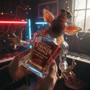 Demogorgon Stranger Things 10th Anniversary Whiskey Bottle 3 Person holding a creature shaped commemorative whiskey bottle in a creative studio environment!