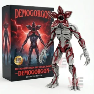 Brick built monster figure with an open petal head design displayed next to a themed collector box!