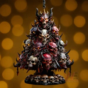 A stacked formation of horned demonic skulls glowing with fiery eyes shaped like a Christmas tree!