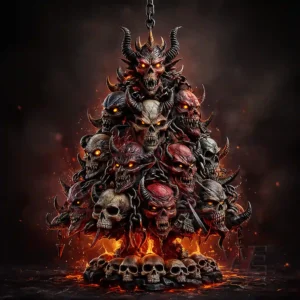 A demonic tree composed of glowing horned skulls rising from fire and smoke!