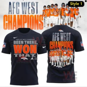 Navy blue Denver Broncos AFC West champions shirt with front slogan and full team graphic on the back!