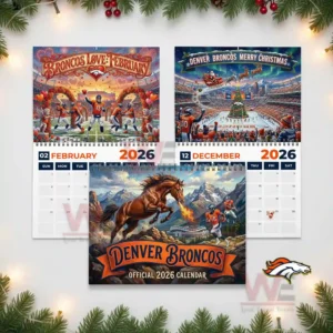 Collage of Denver Broncos twenty twenty six calendar pages including February December and the main cover with a fiery horse illustration!