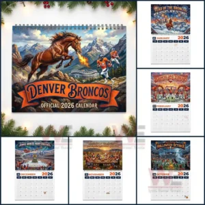 Denver Broncos 2026 Wall Calendar 9 Collection of Denver Broncos twenty twenty six calendar pages with holiday romantic Halloween and mountain themed artwork surrounding the main cover!