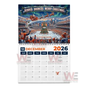 Denver Broncos 2026 Wall Calendar 10 December twenty twenty six Denver Broncos calendar page with a Christmas stadium scene featuring Santa reindeer and a decorated tree!