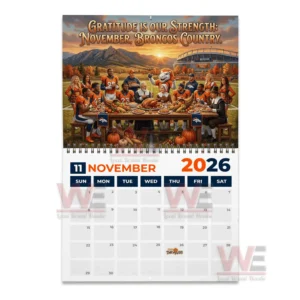 Denver Broncos 2026 Wall Calendar 11 November twenty twenty six Denver Broncos calendar page with a Thanksgiving feast scene featuring players and the team mascot outdoors!