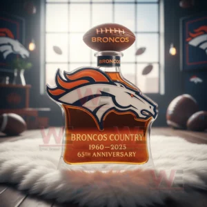 A Broncos logo bottle sits on a fluffy white rug surrounded by football gear in a room decorated with team colors!