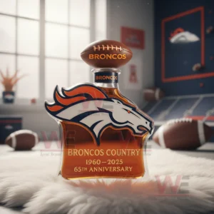 A Broncos emblem bottle stands on a soft white rug with football accessories placed throughout the room!