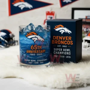 Denver Broncos 65th Anniversary Commemorative Whiskey Glass 4 Denver Broncos themed whiskey glass with ice and collector box displayed in a cozy fan inspired setting!