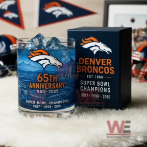 Denver Broncos 65th Anniversary Commemorative Whiskey Glass 5 Denver Broncos commemorative whiskey glass with ice and matching box displayed in a football fan interior scene!