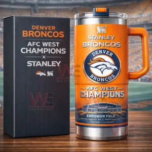 Denver Broncos AFC West Champions orange tumbler with handle and gift box shown in front of a football stadium!
