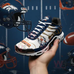 Denver Broncos themed athletic sneaker with blue white and orange colors football player graphics and a sporty design displayed in a hand against a football background!