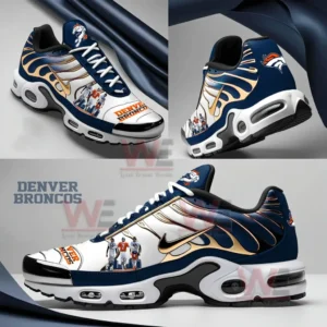 Denver Broncos Air Max Plus Shoes 3 Multiple angle view of a Denver Broncos themed sneaker featuring blue white and orange colors football imagery and a modern sporty sole design!