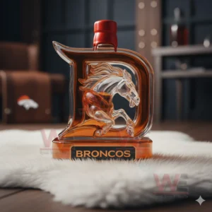 A D shaped Broncos bottle with a glass horse figure is displayed on a fluffy white surface in a warmly lit room!