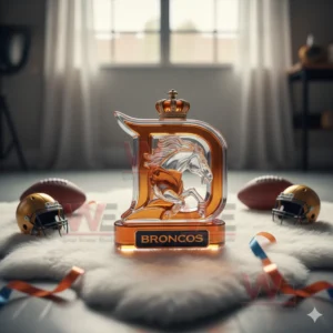 A Broncos themed D shaped bottle with a glass horse is positioned on a fluffy rug among helmets footballs and ribbons!