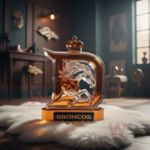 A D shaped Broncos bottle with a clear horse design stands on a soft rug in a refined room with themed decorations!