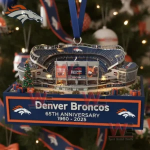 Denver Broncos stadium anniversary ornament hanging on a Christmas tree surrounded by team themed decorations and lights!