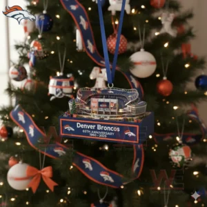 Denver Broncos stadium anniversary ornament hanging at the center of a Christmas tree with Broncos themed decorations!