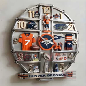 Three dimensional Denver Broncos wall clock with orange blue and silver team theme football memorabilia and strong decorative structure!