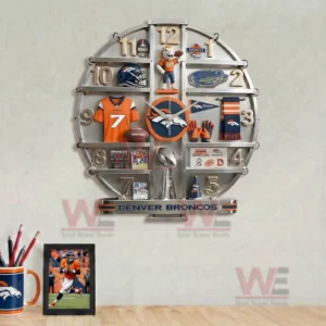 Denver Broncos Home Decorative 3D Wall Clock 7 Denver Broncos decorative wall clock above a desk with football photo mug and clean workspace decor!