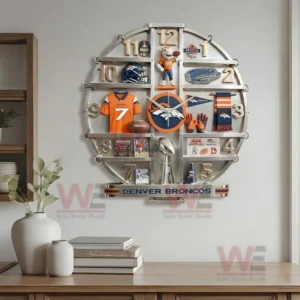 Denver Broncos Home Decorative 3D Wall Clock 8 Denver Broncos wall clock displayed in a modern living room with wooden furniture and clean interior styling!