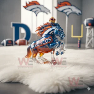 A glass horse shaped Broncos bottle stands on a white surface with team symbols and football items surrounding it!