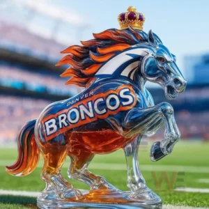 A detailed Broncos horse bottle is displayed with a football field blurred behind it!