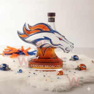 Denver Broncos horse head decorative bottle on white fur with football props!