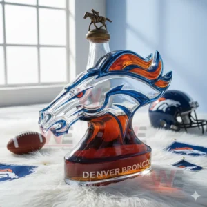 Denver Broncos Limited Edition Whiskey Bottle 5 Denver Broncos horse head shaped bottle on white fur in a bright indoor room!