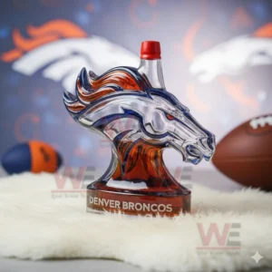Denver Broncos Limited Edition Whiskey Bottle 7 Denver Broncos horse head shaped bottle on white fur with modern sports background!