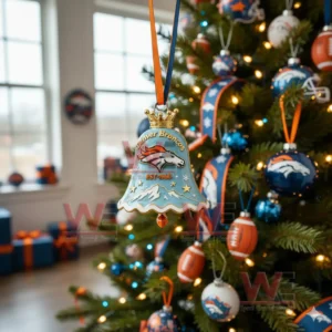 Denver Broncos Christmas bell ornament with a golden crown and team logo hanging on a decorated holiday tree with lights and themed ornaments!