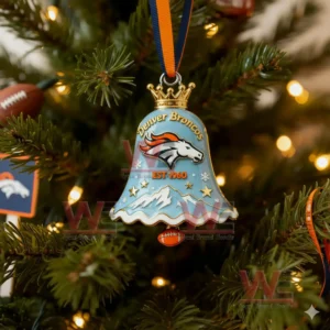 Denver Broncos NFL Christmas Bell Ornament 4 Close up of a Denver Broncos Christmas bell ornament featuring the team logo mountains and decorative elements hanging from a ribbon on a tree!