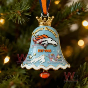 Denver Broncos NFL Christmas Bell Ornament 5 Detailed Denver Broncos Christmas bell ornament with team logo and mountain design hanging on a lit holiday tree!